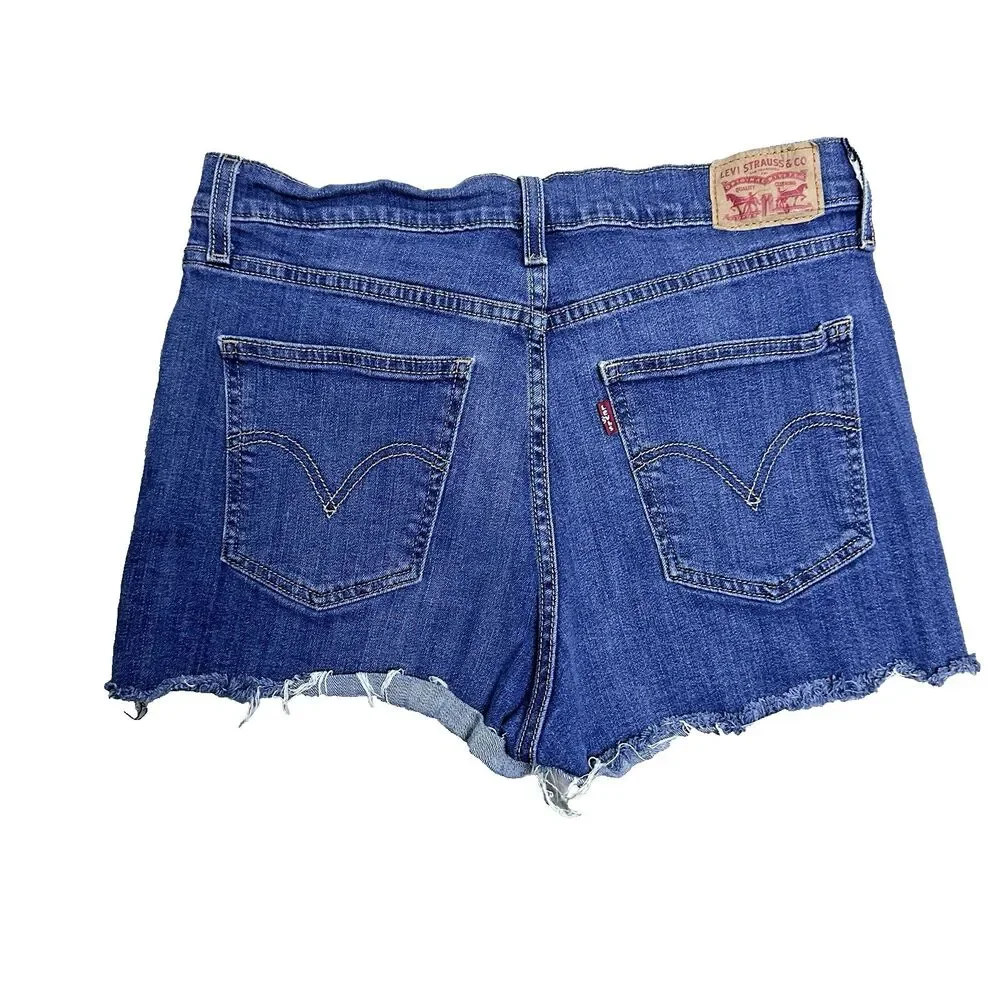 Levis Womens 501 Blue Denim Shorts High Rise Raw Hem Distressed Festival Size 30
